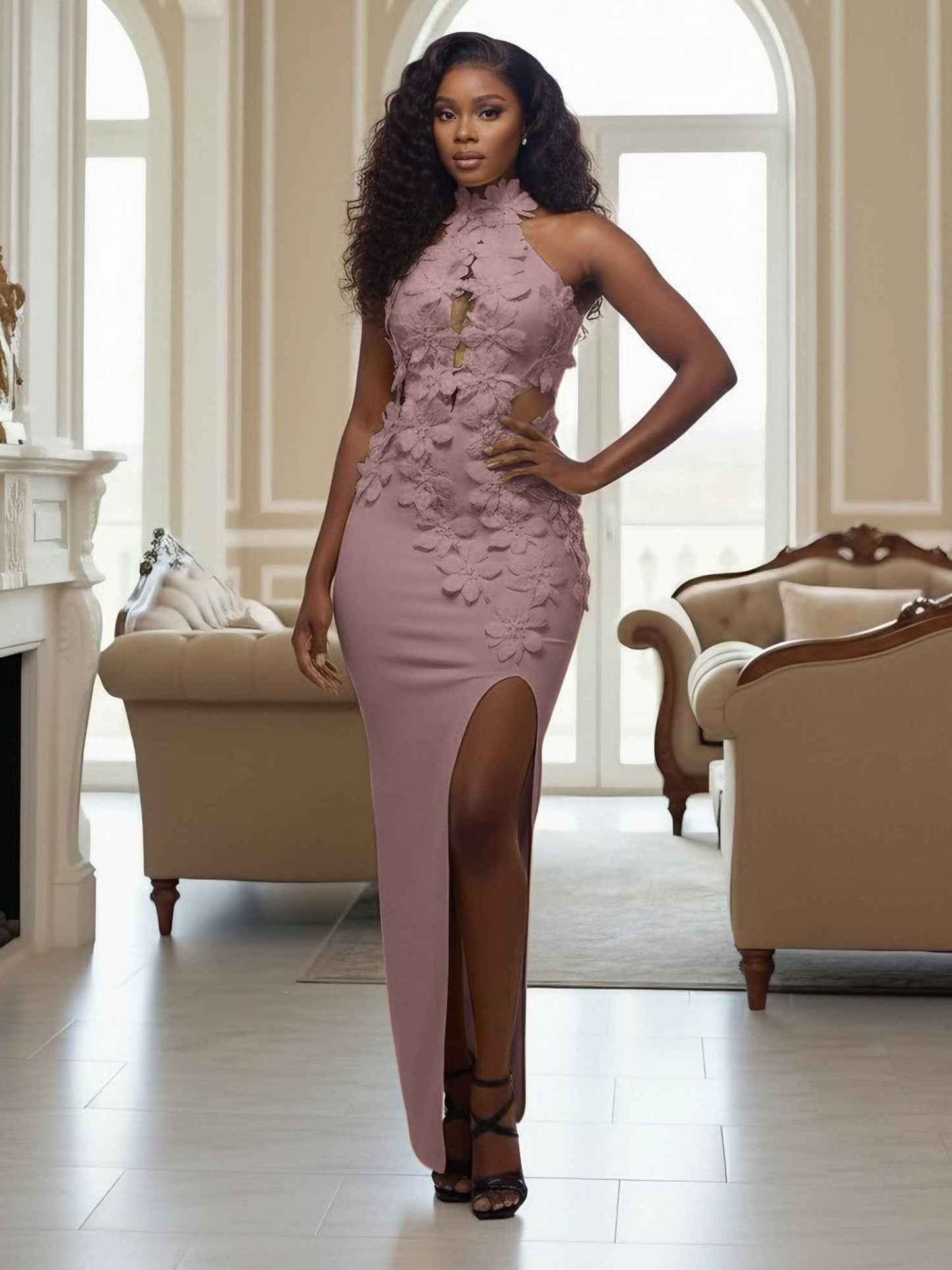 Yellow Halter Neck 3D Flower Mermaid Long Prom Dress with Slit