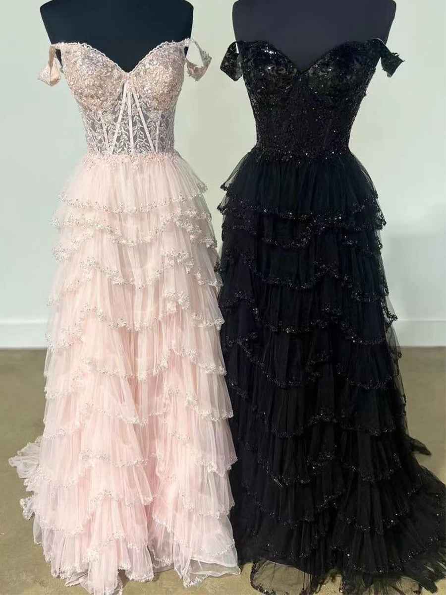 Glamorous Champagne Beaded Tiered Ruffle Corset Prom Dress with Slit