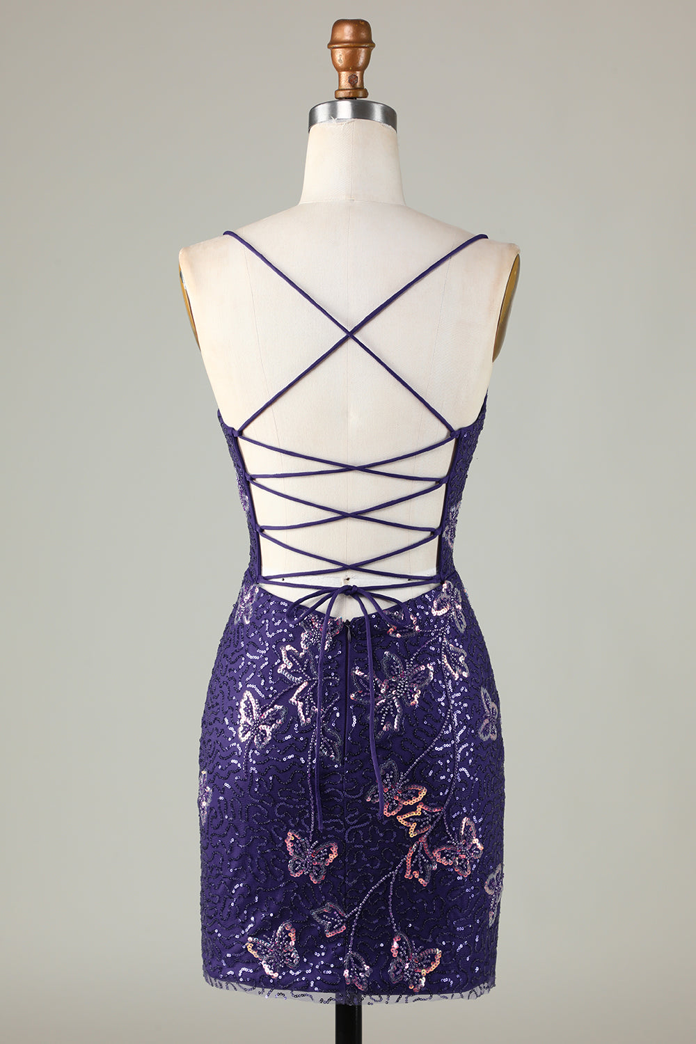 Sparkly Sheath Spaghetti Straps Purple Sequins Short Homecoming Dress with Criss Cross Back