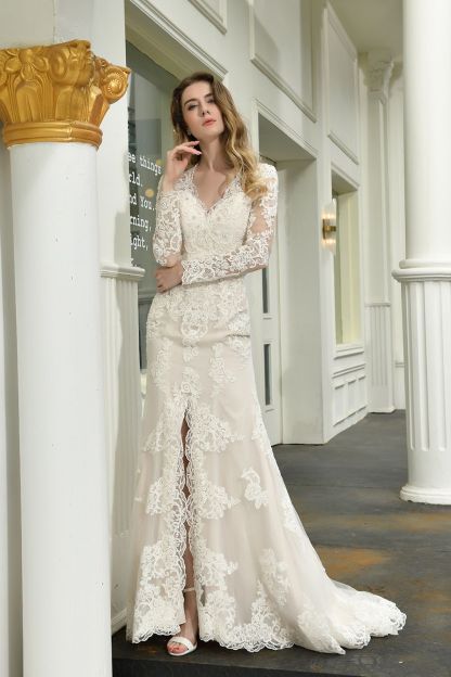 BMbridal Exquisite Sheath V-Neck Long Sleeves Wedding Dress With Slit