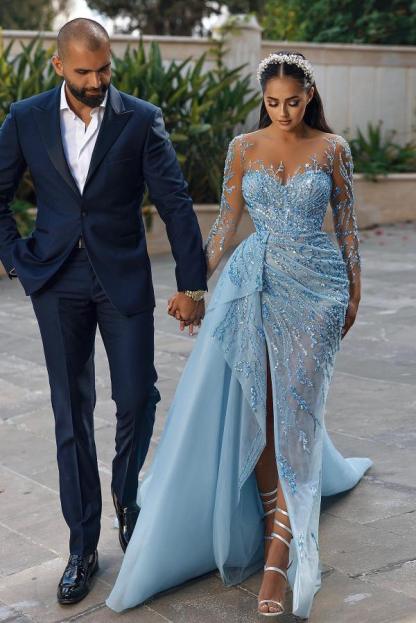 BMbridal Long Sleeves Sky Blue Prom Dresses Mermaid Tulle With Beadings Slit