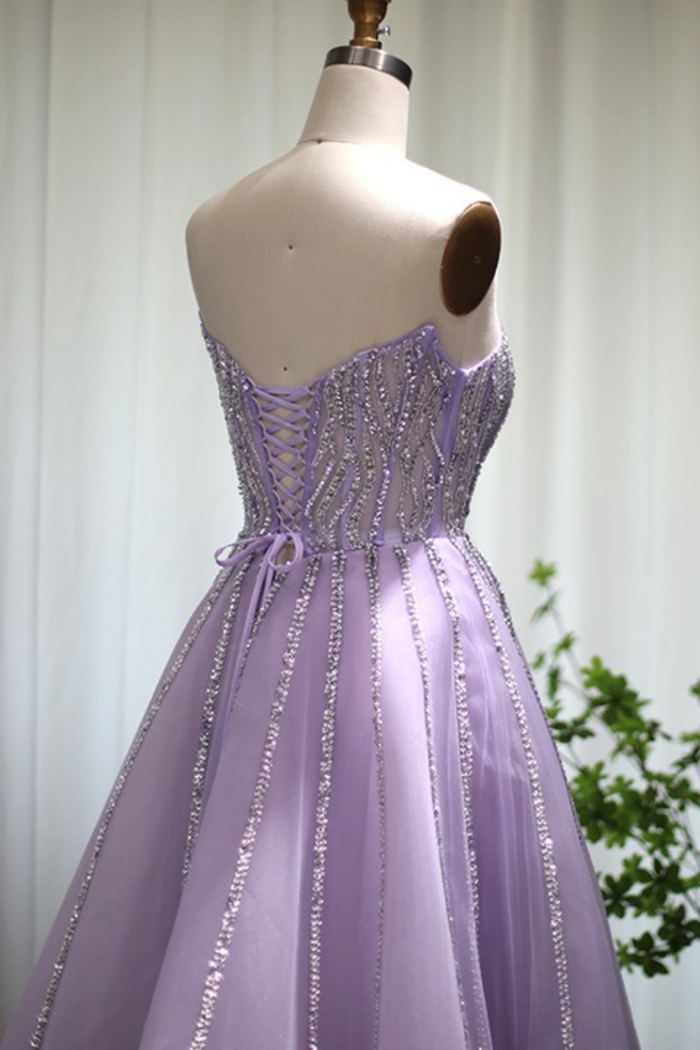 Bmbridal Lilac Tulle Strapless Sleeveless Floor-Length Prom Dresses with Ruffles