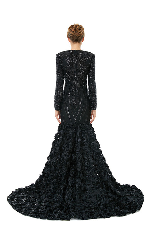 Bmbridal Long Sleeves V-Neck Prom Dress Mermaid Sequins With Flowers Bottom