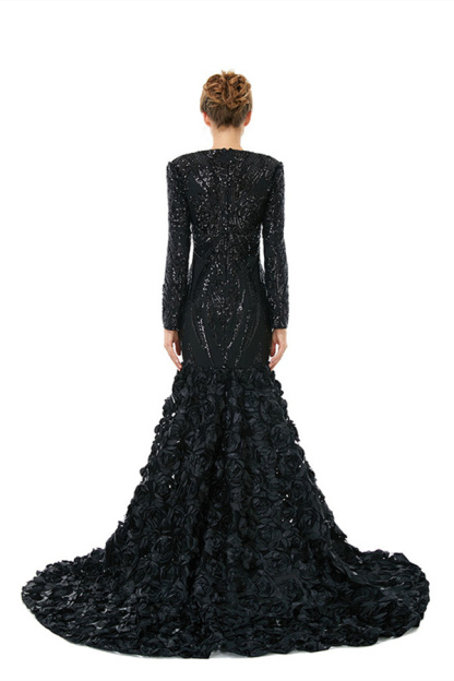 Bmbridal Long Sleeves V-Neck Prom Dress Mermaid Sequins With Flowers Bottom
