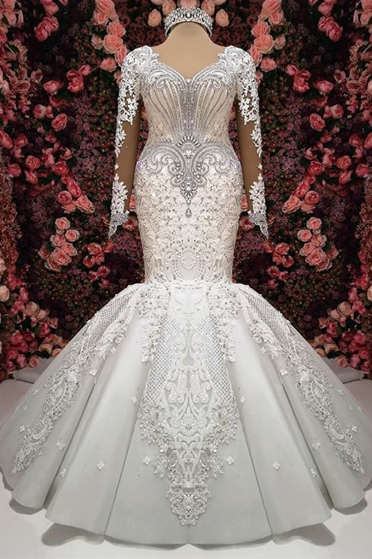 BMbridal Sexy V-neck Longsleeves Lace Wedding Dresses With Appliques White Mermaid Bridal Gowns Online-BMbridal