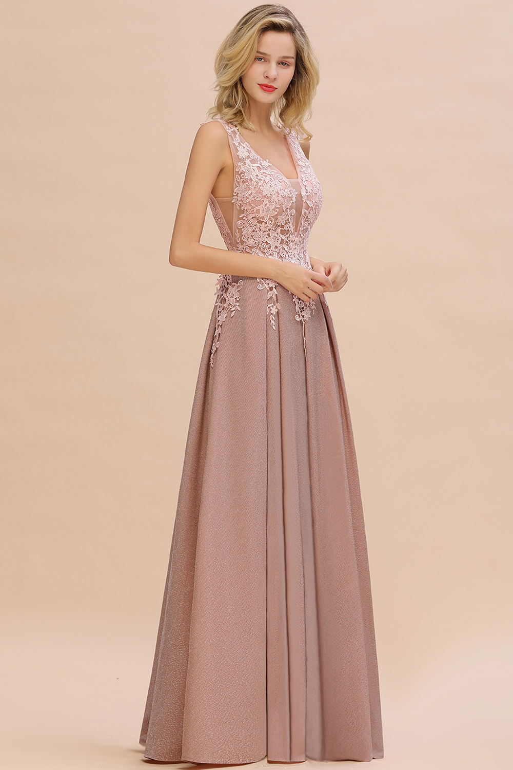 BMbridal Dusty Pink V-Neck Long Prom Dress With Lace Appliques Online
