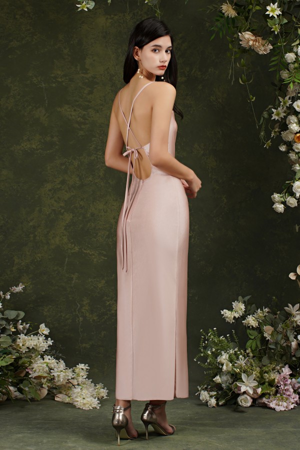 BMbridal Spaghetti-Straps Dusty Pink Bridesmaid Dress Long With Split