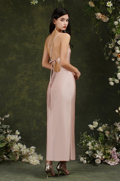 BMbridal Spaghetti-Straps Dusty Pink Bridesmaid Dress Long With Split