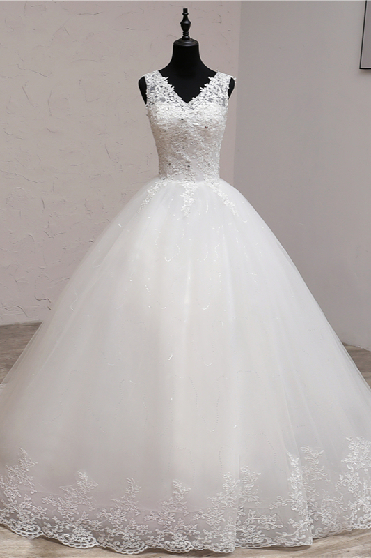 BMbridal Ball Gown V-Neck White Tulle Wedding Dresses Sleeveless Lace Appliques Bridal Gowns with Beadings-BMbridal