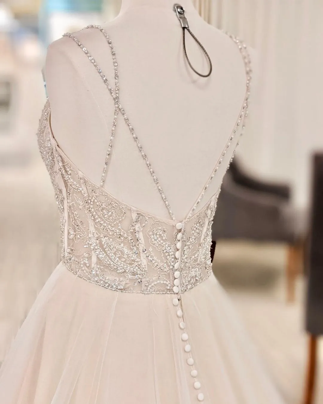 Modern Pearl Long A-Line Backless Wedding Dress with V-Neck