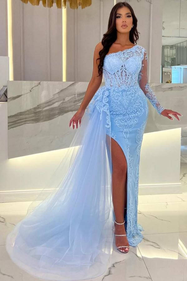Beautiful A-line One Shoulder Sleeveless Appliques Tulle Split Front With Train Prom Dresses