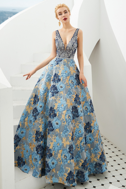 BMbridal Glamorous V-Neck Sleeveless Print Prom Dress Long Beadings Evening Gowns
