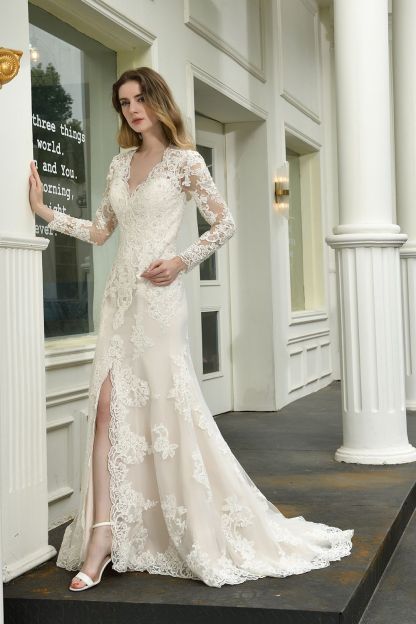 BMbridal Exquisite Sheath V-Neck Long Sleeves Wedding Dress With Slit