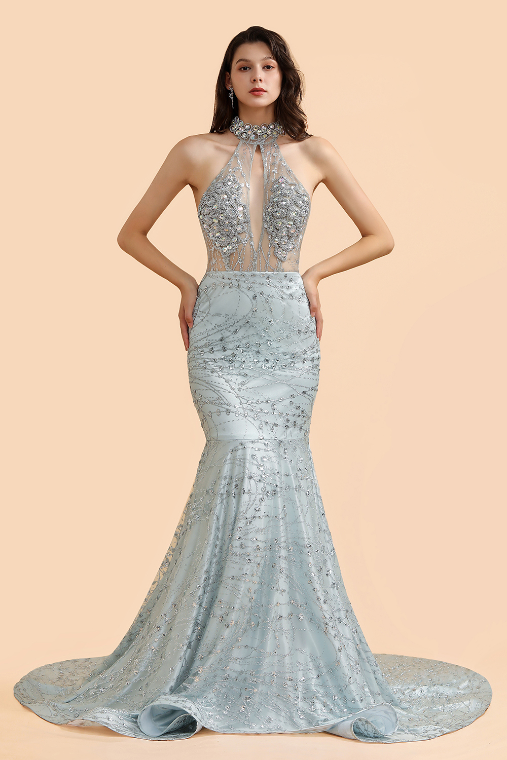 BMbridal Luxurious Halter Rhinestones Prom Dress Mermaid Long Online
