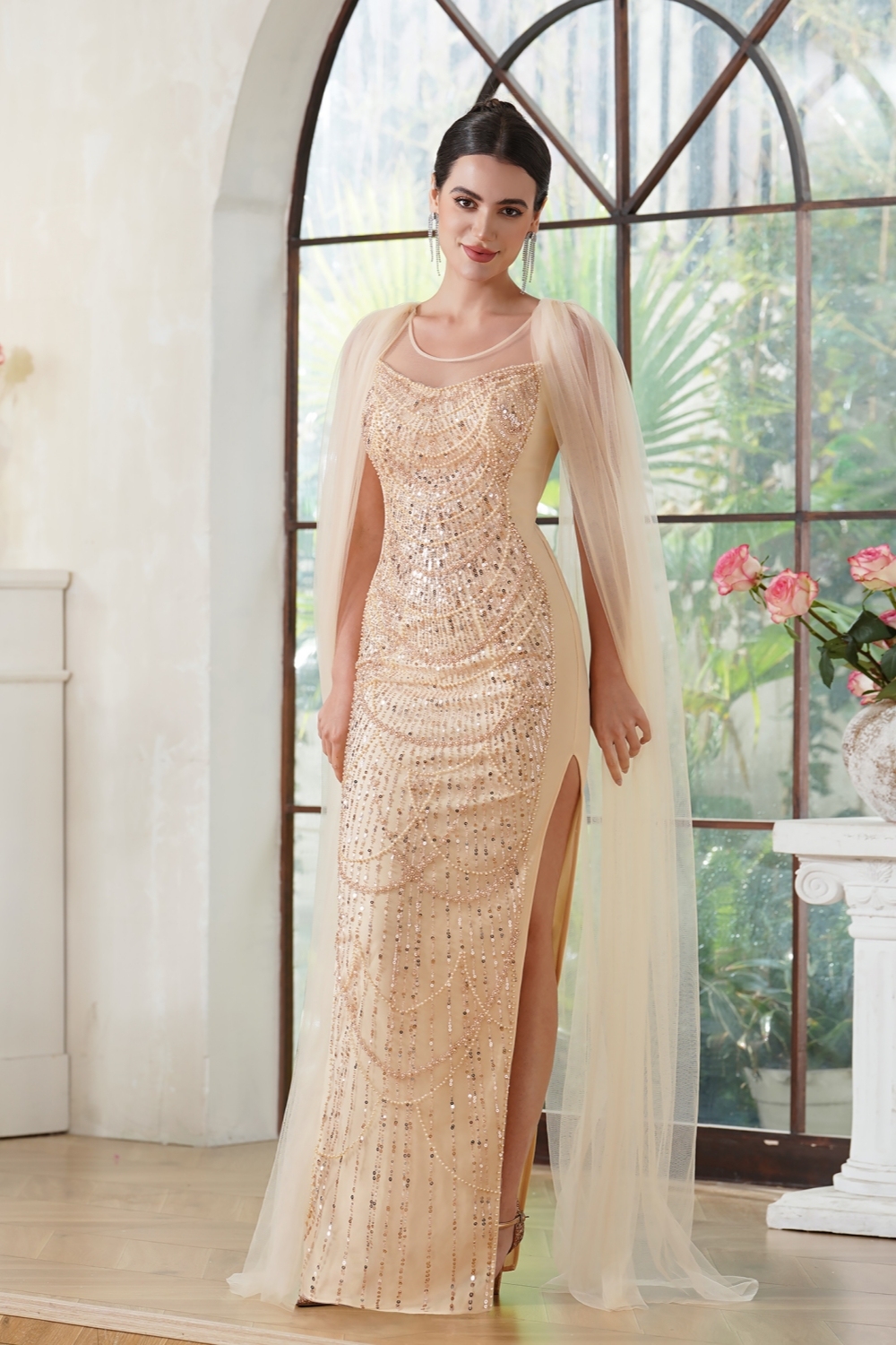 Designer Mermaid Polyester Knitted Scoop Sleeveless Champagne Gold Prom Dresses With Beading Split