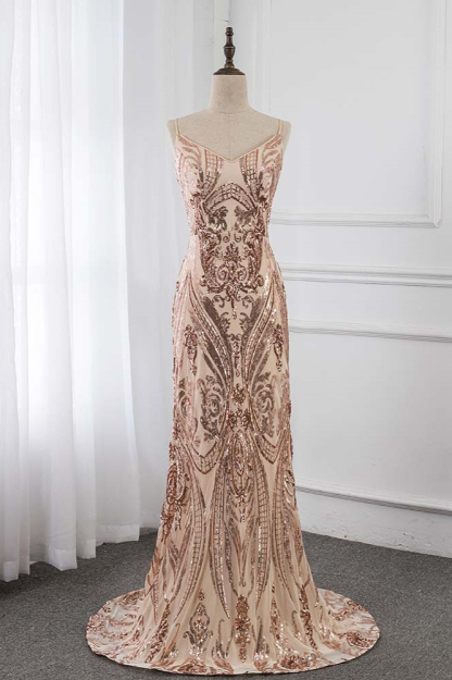 BMbridal Chic Spaghetti Straps V-Neck Sleeveless Prom Dresses with Appliques
