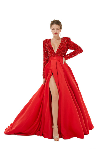Bmbridal Red Long Sleeves Prom Dress V-Neck Slit With Sequins