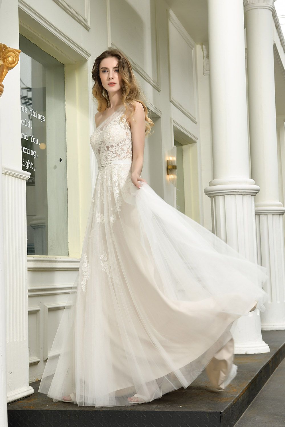 BMbridal Sexy A-Line One Shoulder Tulle Lace Ivory Wedding Dress Online