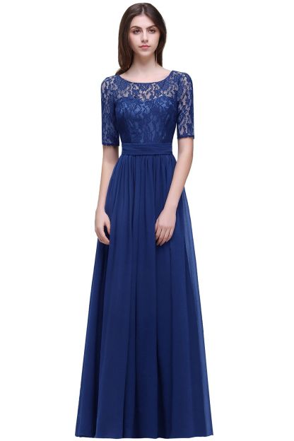 BMbridal Half-Sleeve Lace Long Chiffon Evening Dress