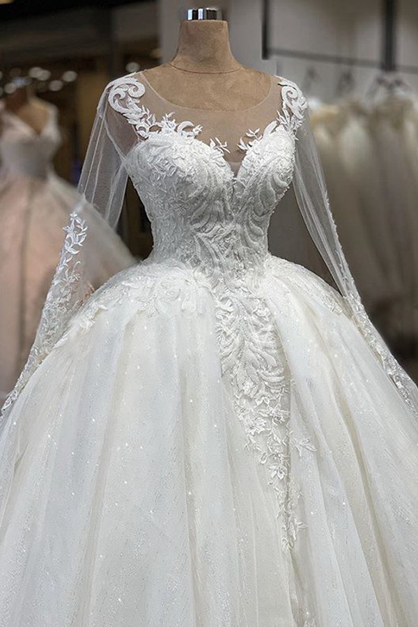 BMbridal Gorgeous Jewel Longsleeves Lace Wedding Dresses A-line Tulle Ruffles Bridal Gowns With Appliques Online-BMbridal