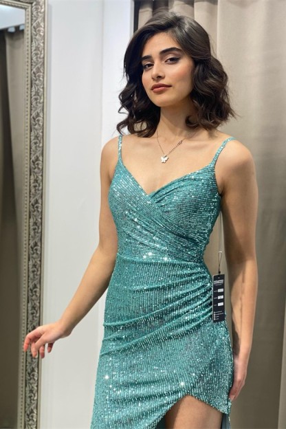 Bmbridal Spaghetti-Straps Sequins Prom Dress Mermaid Sleeveless With Split