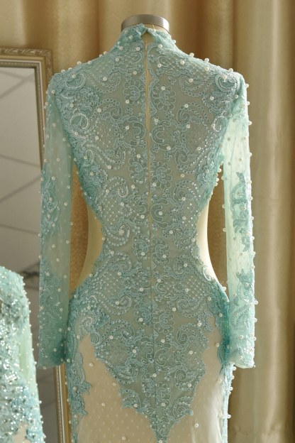BMbridal Gorgeou High-Neck Lace Appliques Prom Dresses Long Sleeves Front Slit Evening Gowns with Pearls-BMbridal
