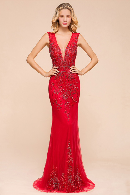 BMbridal Detachable Red V-Neck Long Prom Dress Sleeveless Beadings Tulle Evening Gowns