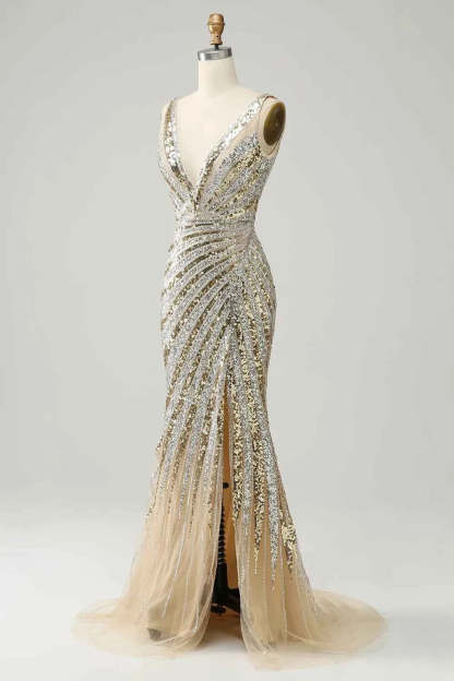 Sparkly Golden Mermaid Deep V-Neck Sequins Long Prom Dress