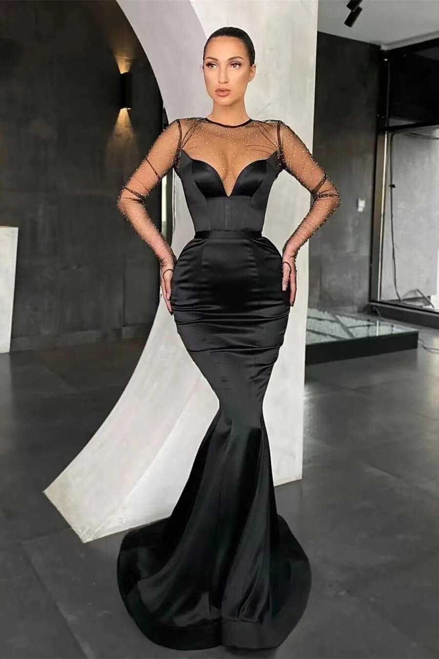 Black Mermaid Long Sleeves Pleated Long Prom Dress With Beads Online V Neck