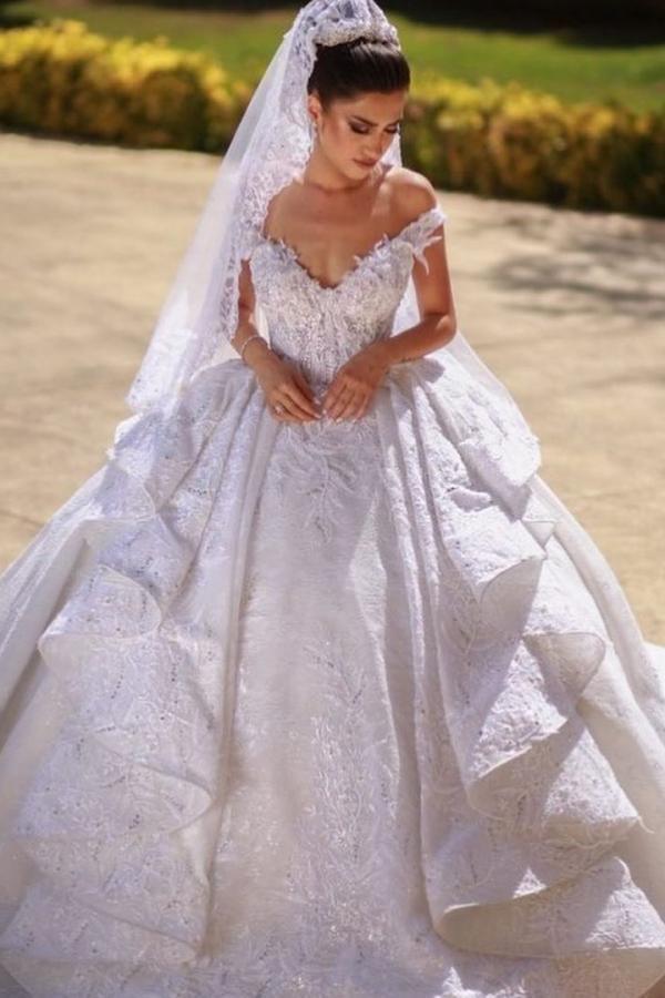 BMbridal Off-the-Shoulder Ball Gown Wedding Derss With Lace Appliques-BMbridal