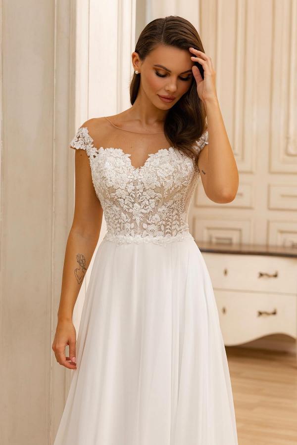Trendy White A-Line Floor-Length Scoop Neck Lace Chiffon Wedding Dresses-BMbridal