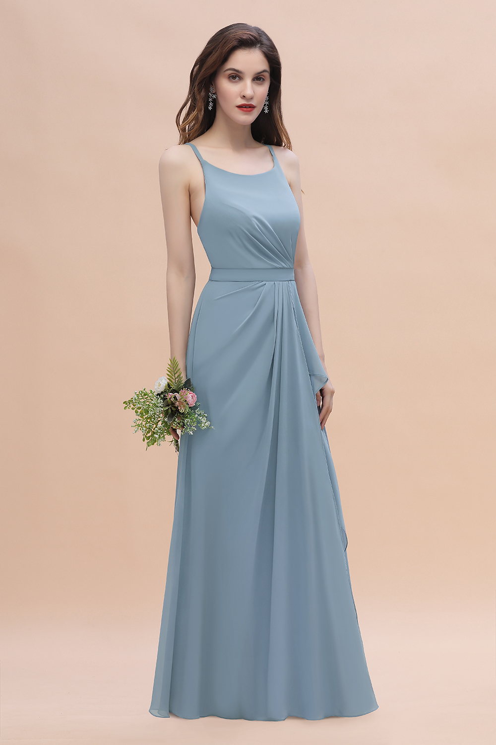 BMbridal Gorgeous A-Line Straps Dusty Blue Chiffon Bridesmaid Dress with Ruffles On Sale-BMbridal