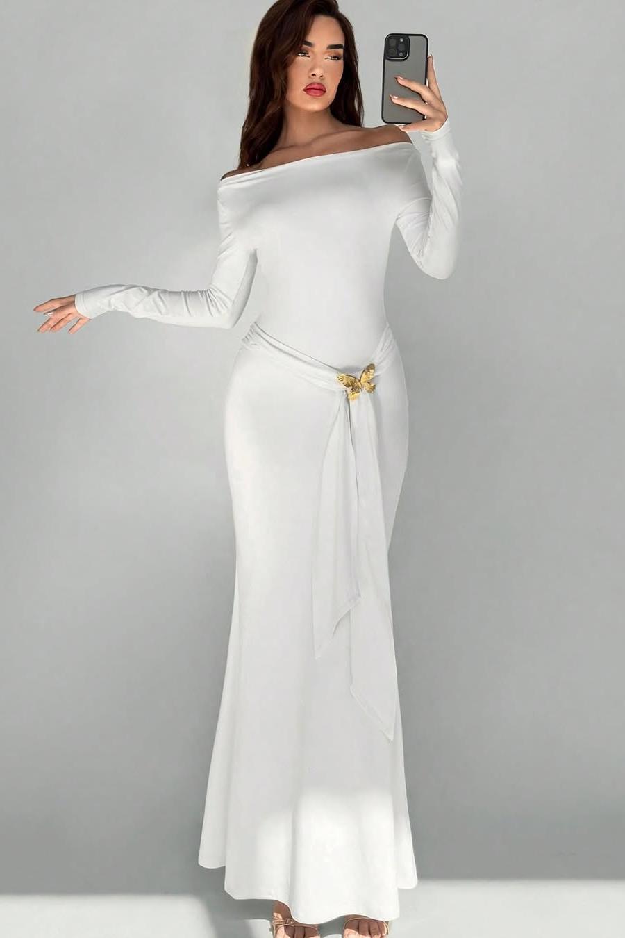 Off the Shoulder Long Sleeves Long Mermaid Prom Dress With Appliques