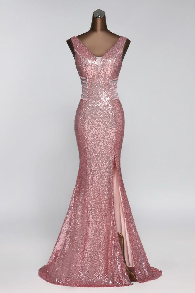 BMbridal Affordable V-Neck Pink Mermaid Prom Dresses with Front-Slit Online