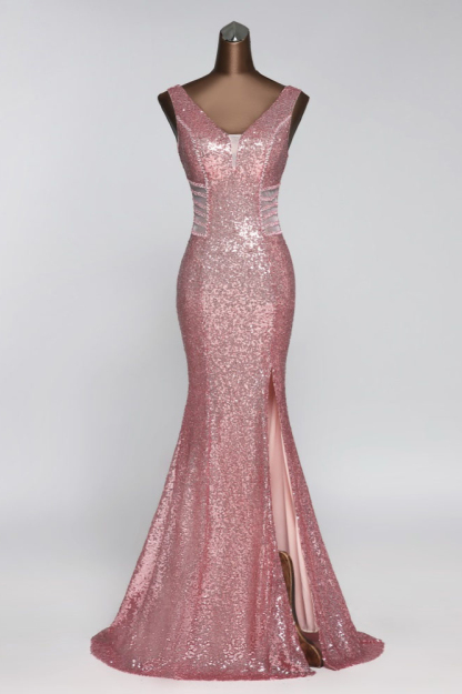 BMbridal Affordable V-Neck Pink Mermaid Prom Dresses with Front-Slit Online