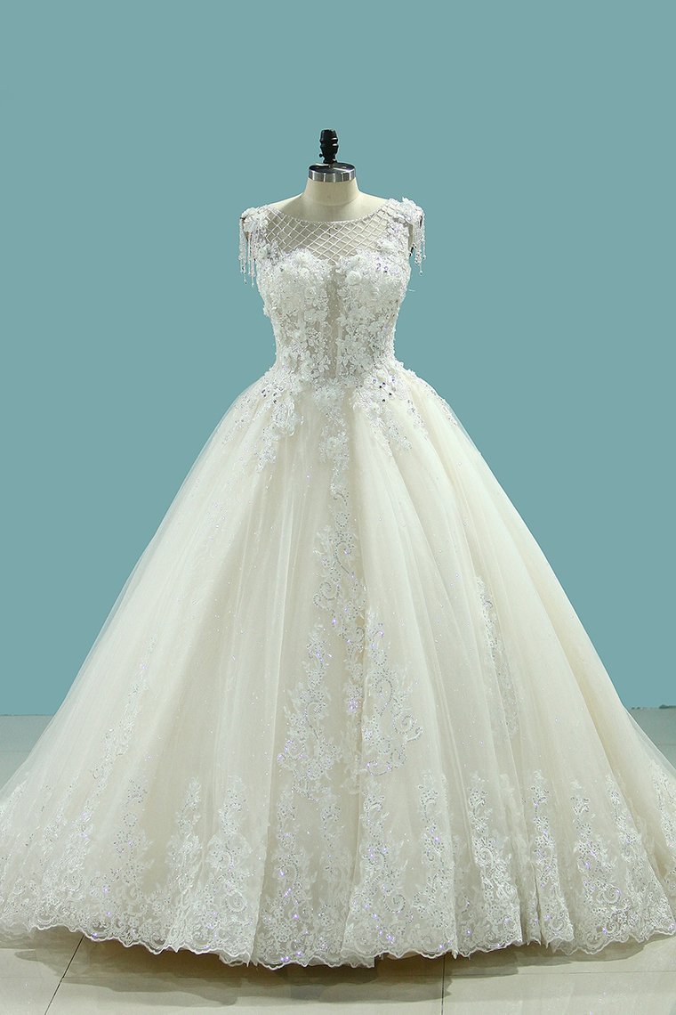 BMbridal Gorgeous Ball Gown Jewel Champagne Tulle Wedding Dress Lace Appliques Beadings Bridal Gowns with Tassels-BMbridal