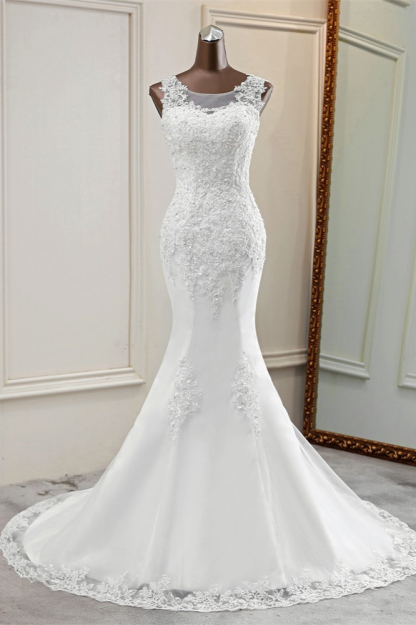 BMbridal Stunning Jewel Sleeveless White Wedding Dresses White Mermaid Beadings Bridal Gowns