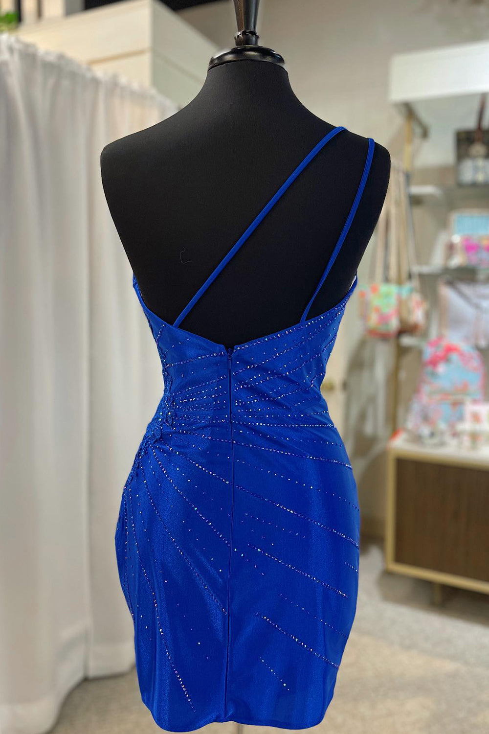 Sparkly Royal Blue Sequined One Shoulder Tight Short Homecoming Dress with Appliques-BMbridal