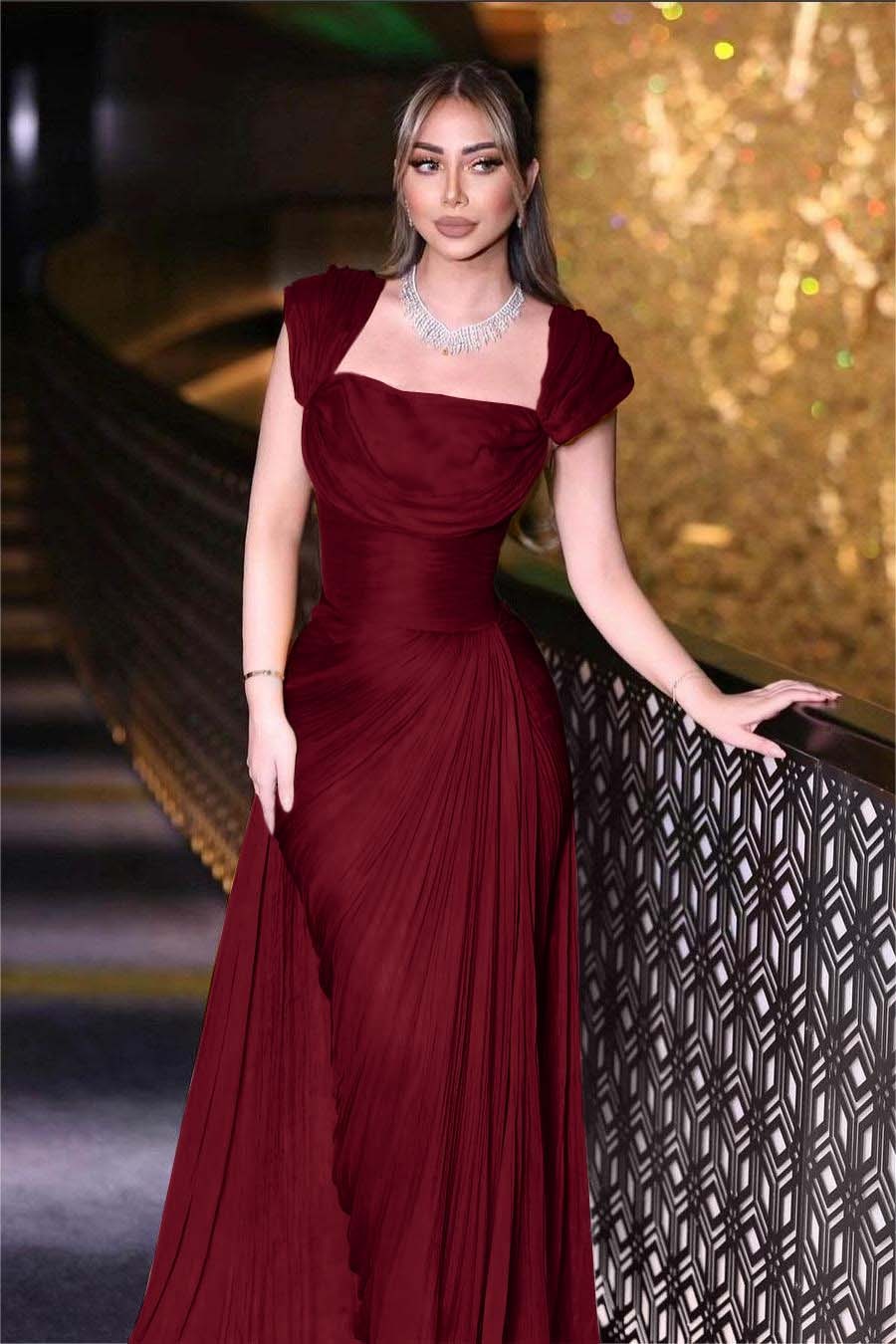 Daffodils Square Neck Sleeveless High Waist Long Pleated Prom Dress With Split