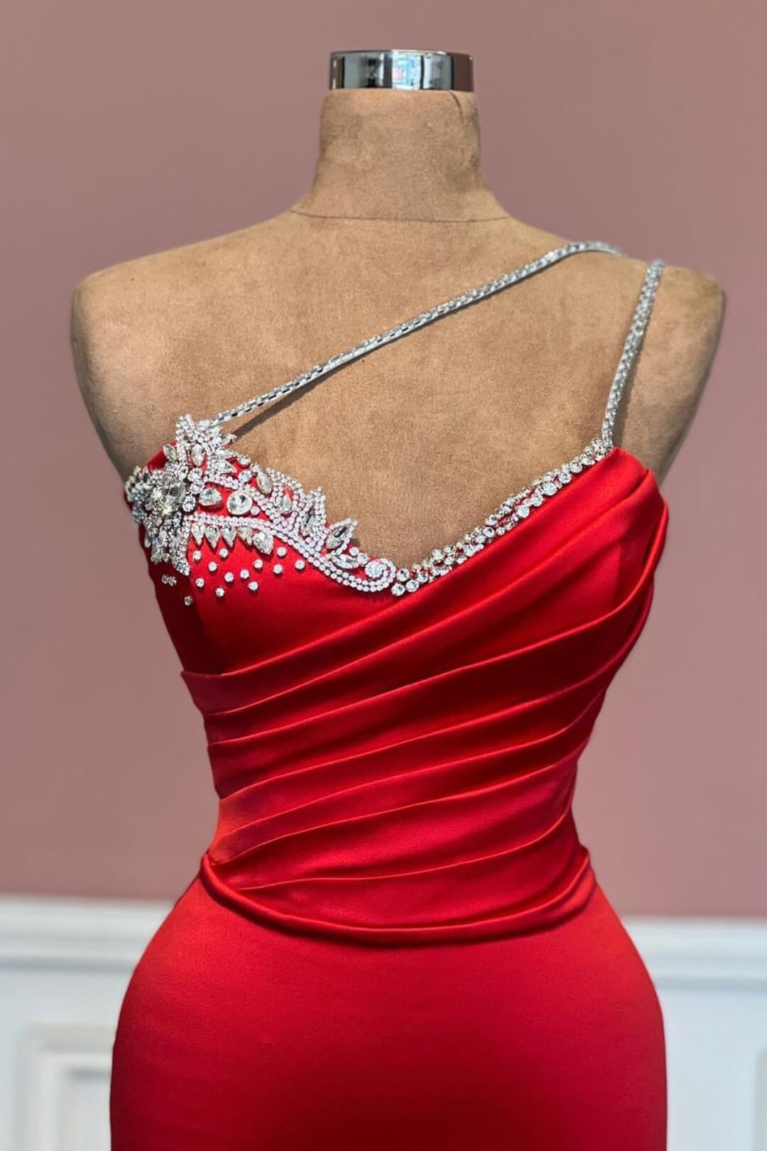 Modern One Shoulder Red Mermaid Prom Dress Long With Beadings