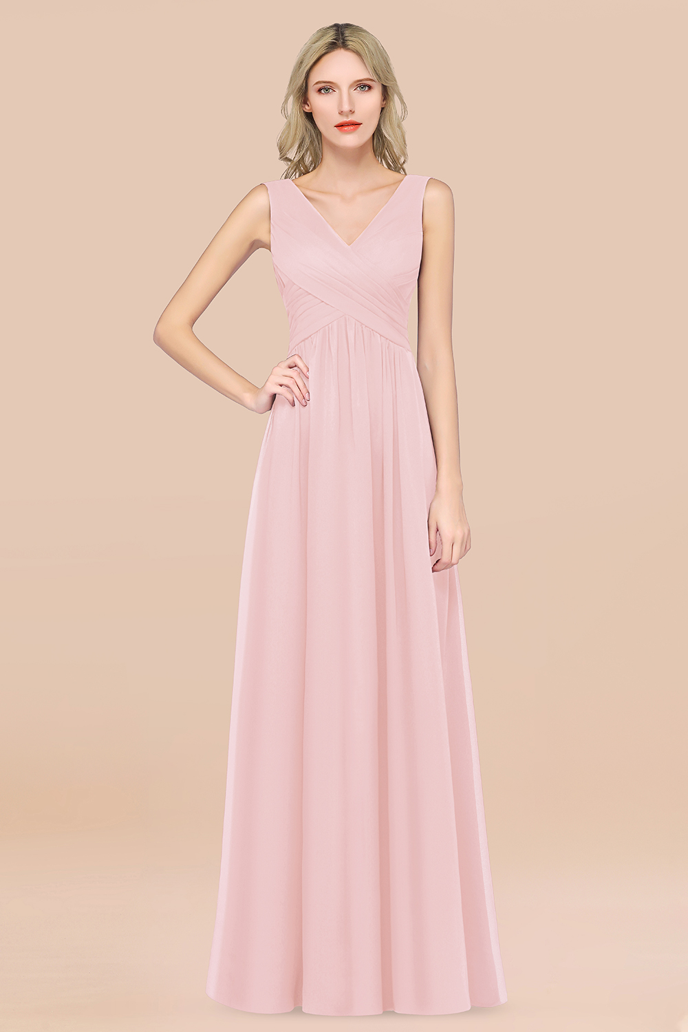 BMbridal Glamorous Chiffon V-Neck Sleeveless Burgundy Bridesmaid Dress with Draped Back-BMbridal