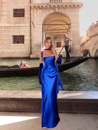 Spaghetti Strap Sleeveless Long Mermaid Prom Dress With Gloves