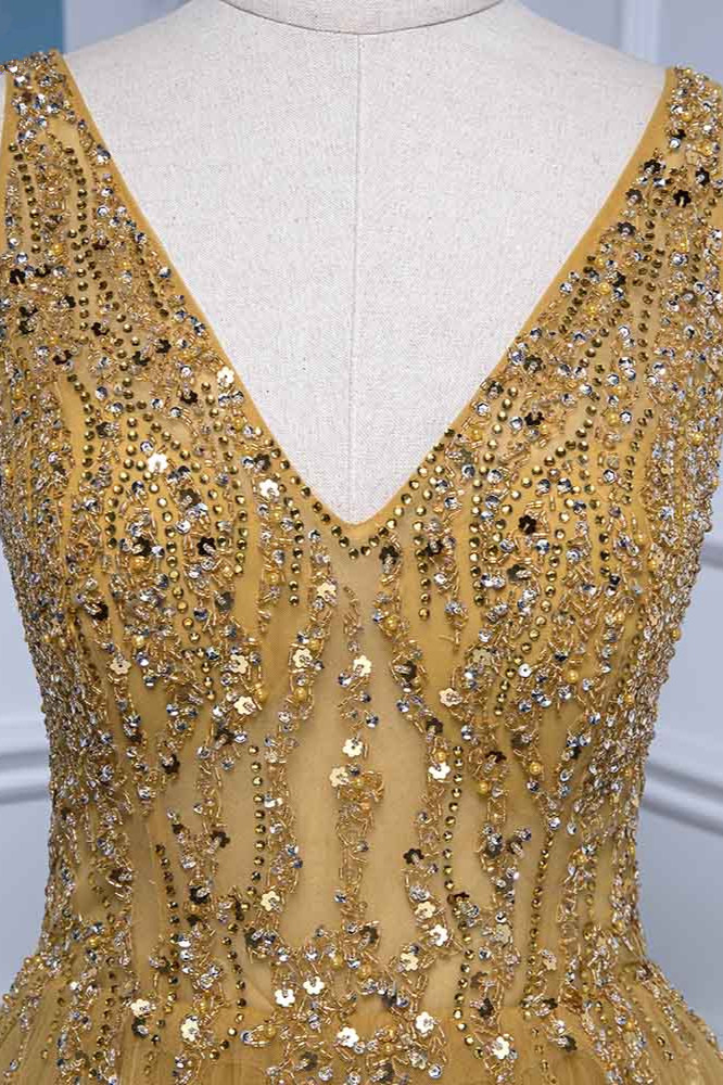 BMbridal Glamorous Tulle Straps V-Neck Ruffle Prom Dresses with Beadings Online