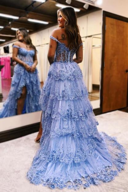 Charming A-Line V-Neck Off-The-Shoulder Split Front Lace Wedding Dresses