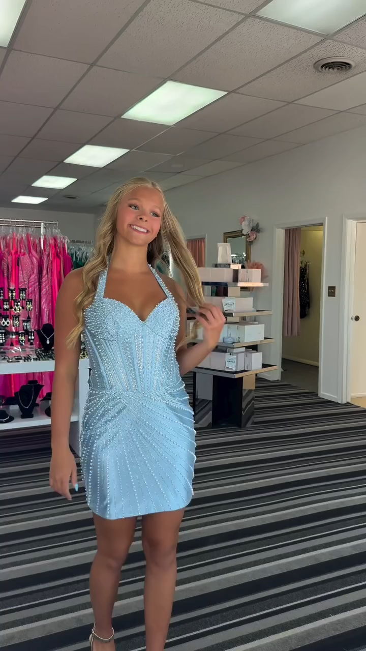 Halter Sweetheart Corset Homecoming Dress Pearl Beaded Bodycon Mini Open Back