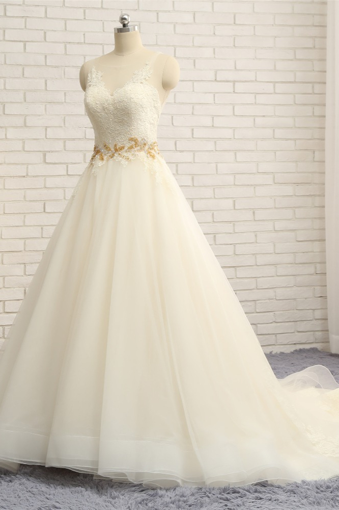 BMbridal Gorgeous Jewel Sleeveless A-Line Tulle Wedding Dress Lace Appliques Bridal Gowns with Beadings-BMbridal