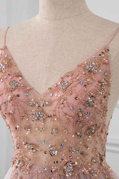 BMbridal Elegant Tulle Spaghetti Straps Appliques Prom Dresses with Front Slit Online
