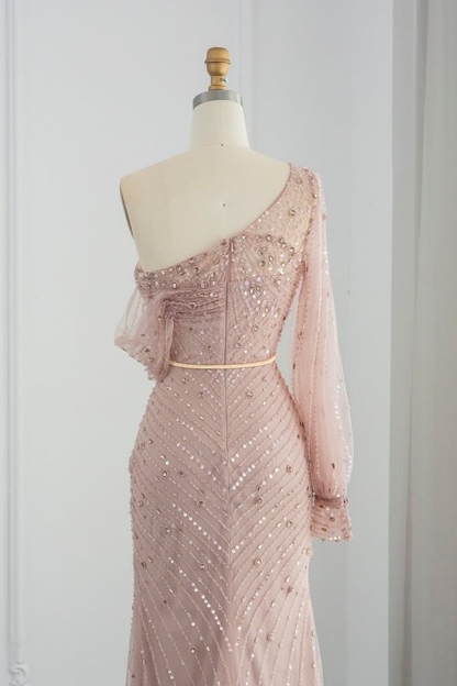 Bmbridal Tulle One Shoulder Long Sleeve Split Prom Dresses with Beadings
