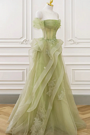 Tulle Off the Shoulder Sleeveless Long Prom Dress With Appliques