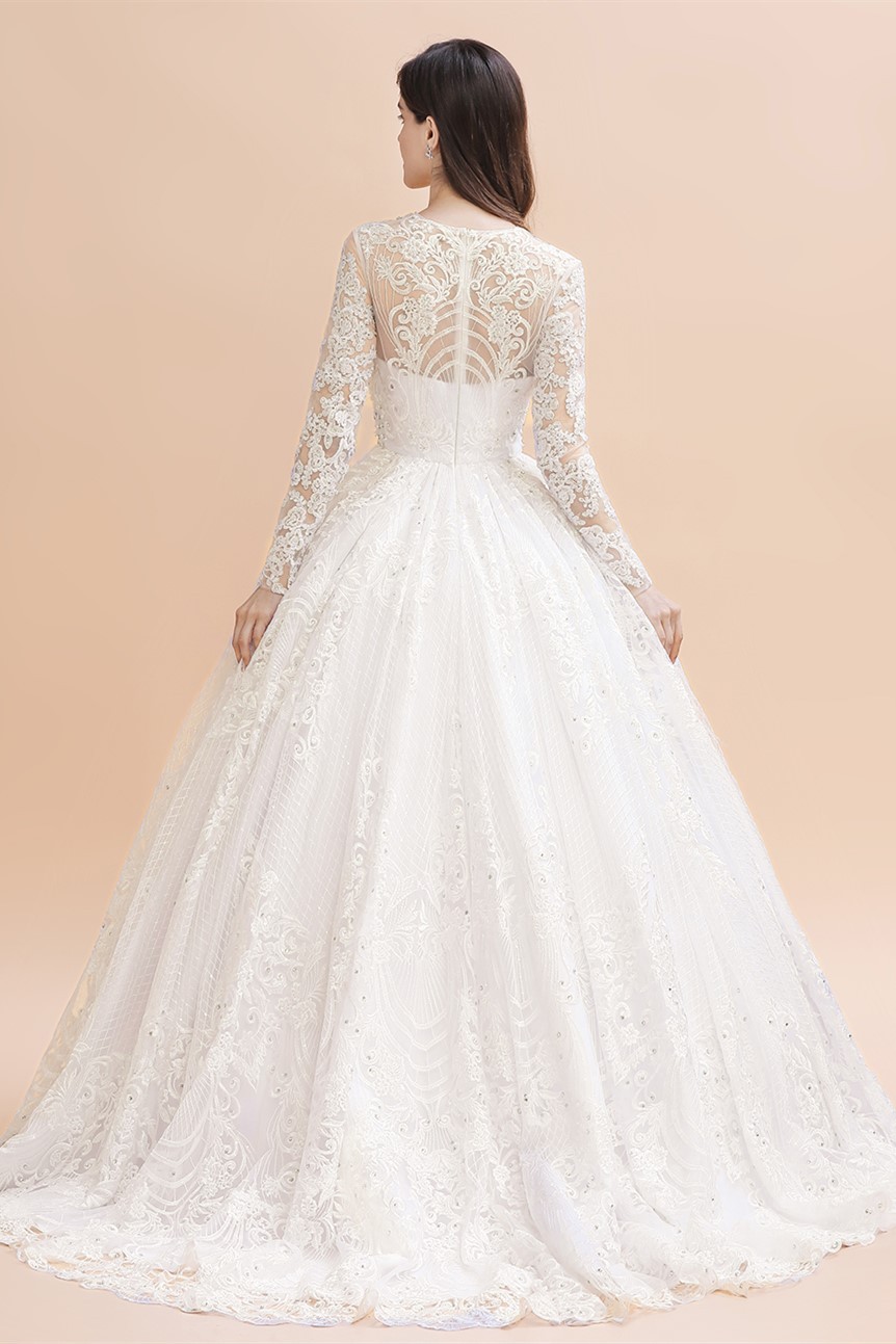 BMbridal Glamorous Jewel Tulle Lace Wedding Dress Long Sleeves Appliques Beadings Bridal Gowns Online-BMbridal